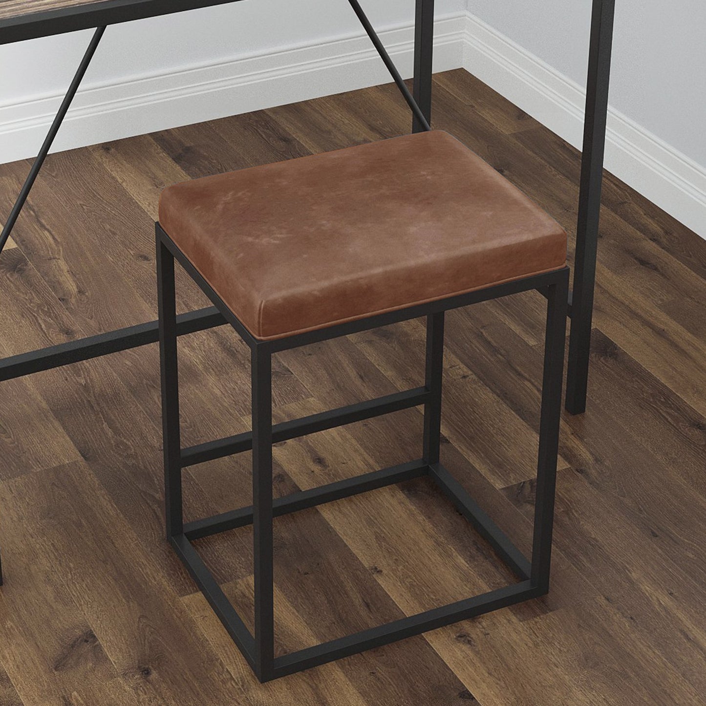 Set Of Two 24" Brown And Black Faux leather And Metal Backless Counter Height Bar Chairs With Footrest
