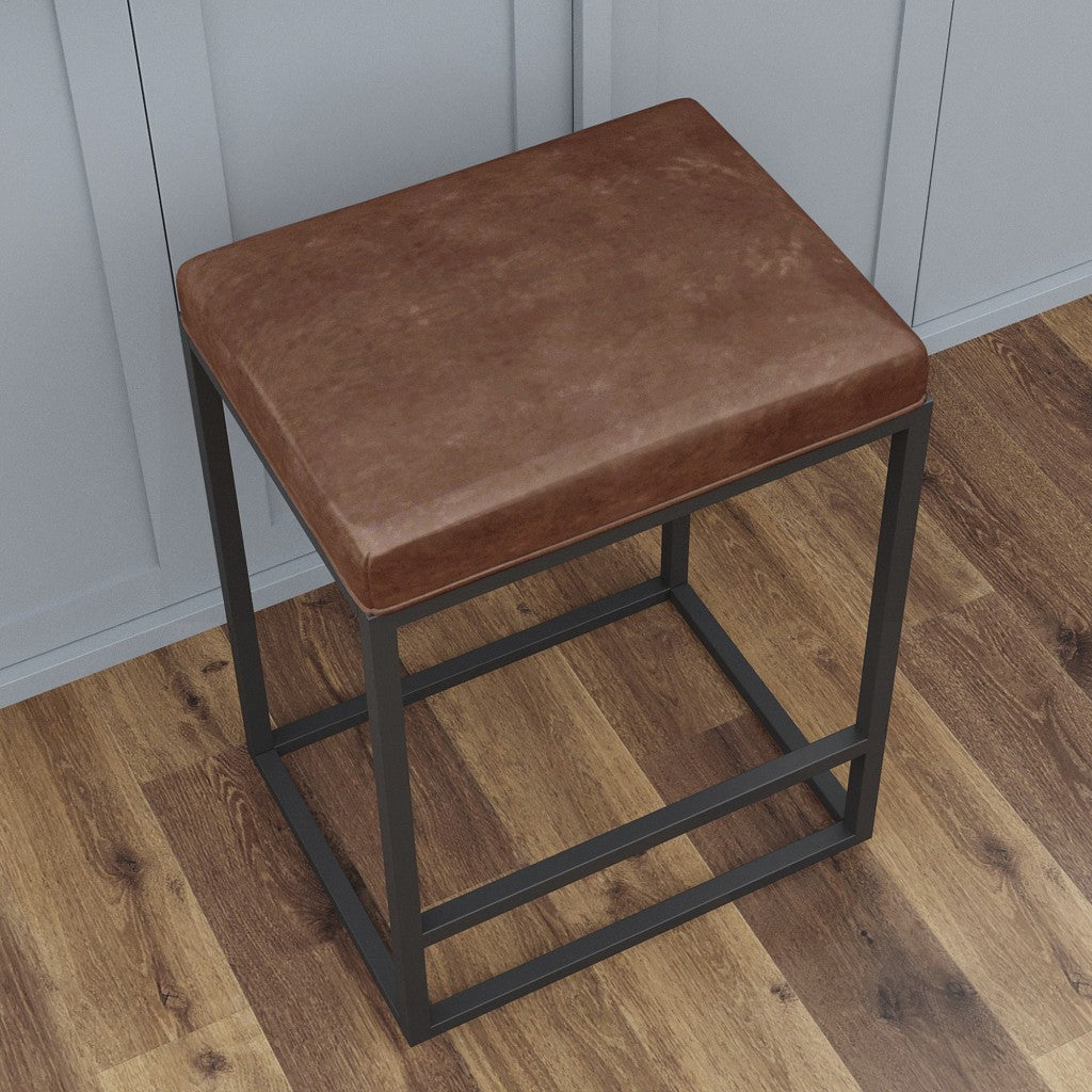 Set Of Two 24" Brown And Black Faux leather And Metal Backless Counter Height Bar Chairs With Footrest