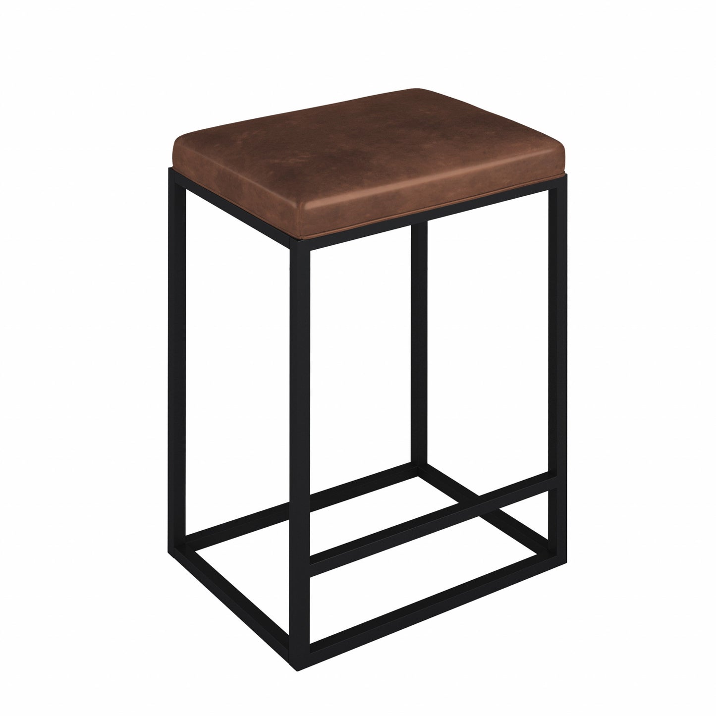 Set Of Two 24" Brown And Black Faux leather And Metal Backless Counter Height Bar Chairs With Footrest