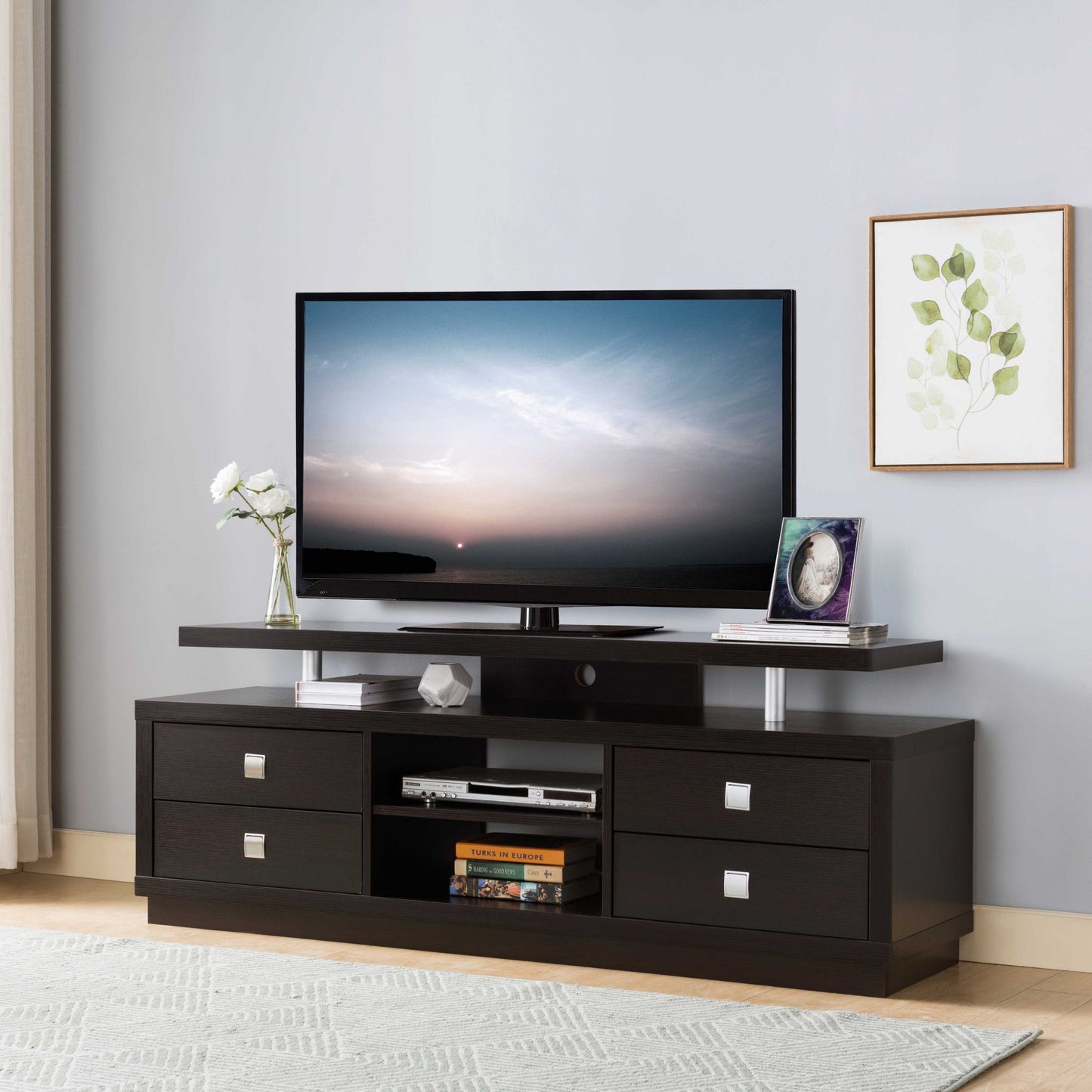 66" Dark Brown Particle Board And Mdf Cabinet Enclosed Storage TV Stand