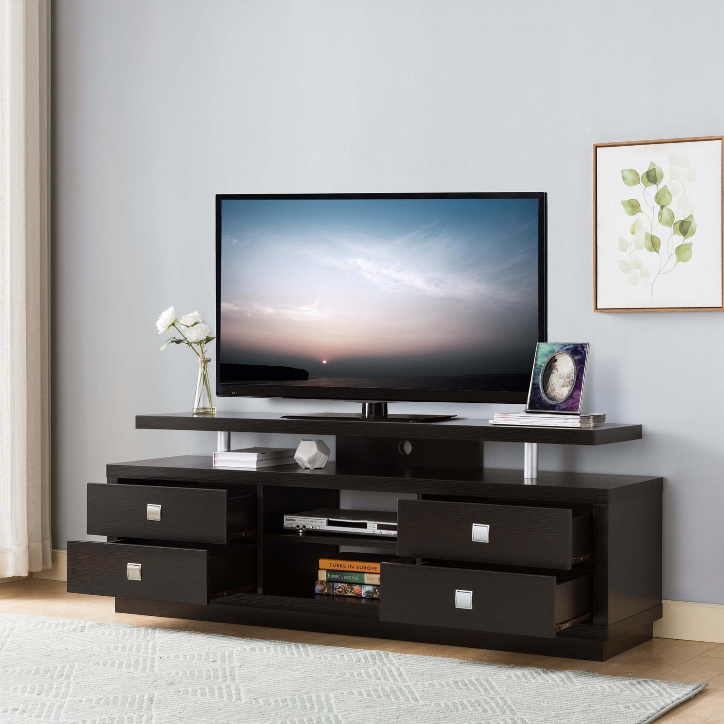 66" Dark Brown Particle Board And Mdf Cabinet Enclosed Storage TV Stand