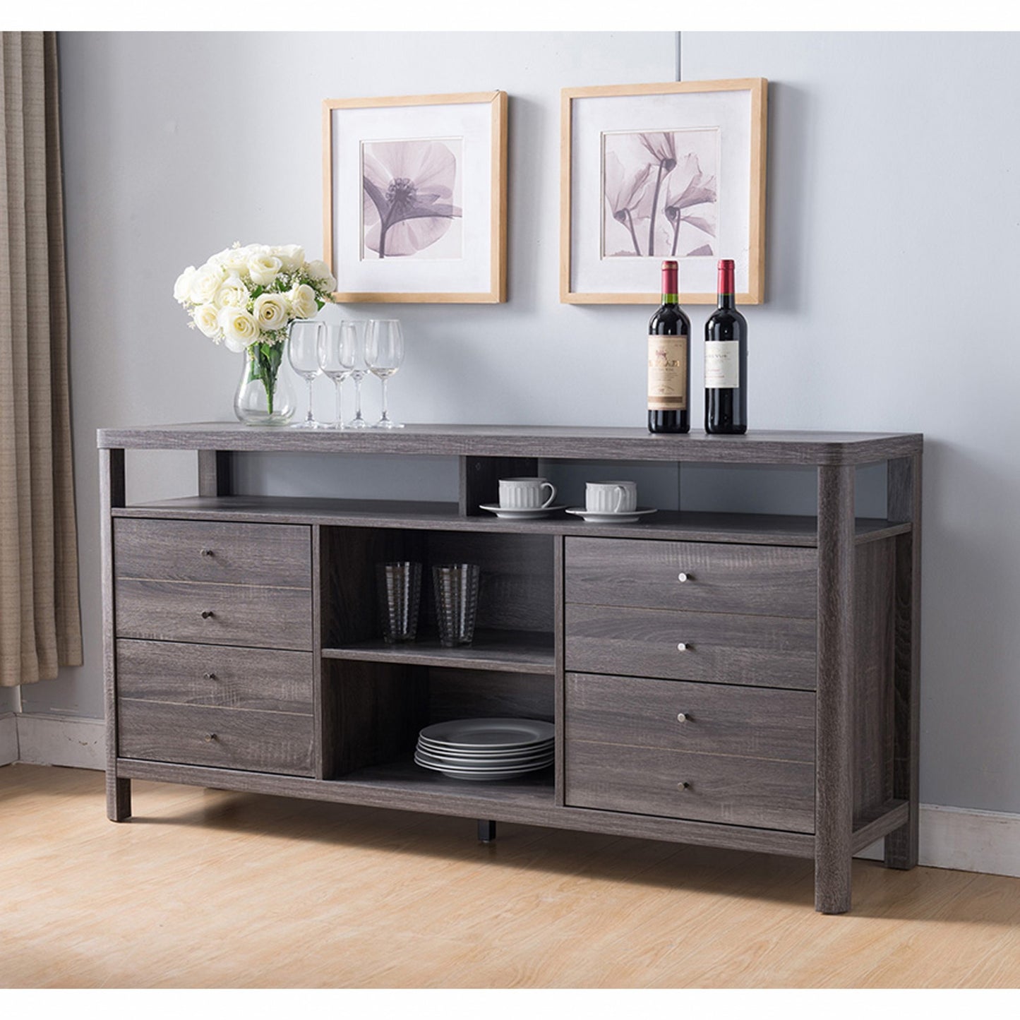 60" Gray Particle Board And Mdf Cabinet Enclosed Storage TV Stand