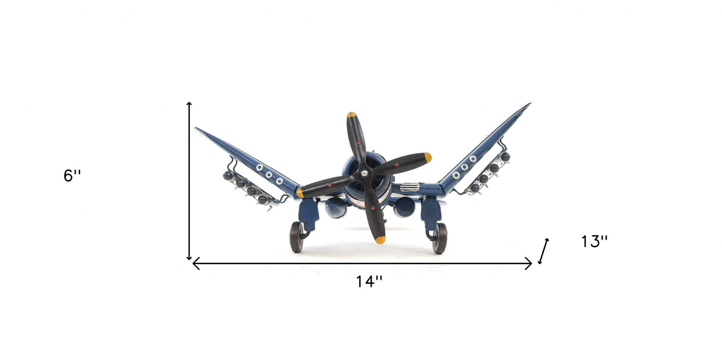 6" Blue Metal Airplane Hand Painted Decorative Airplane