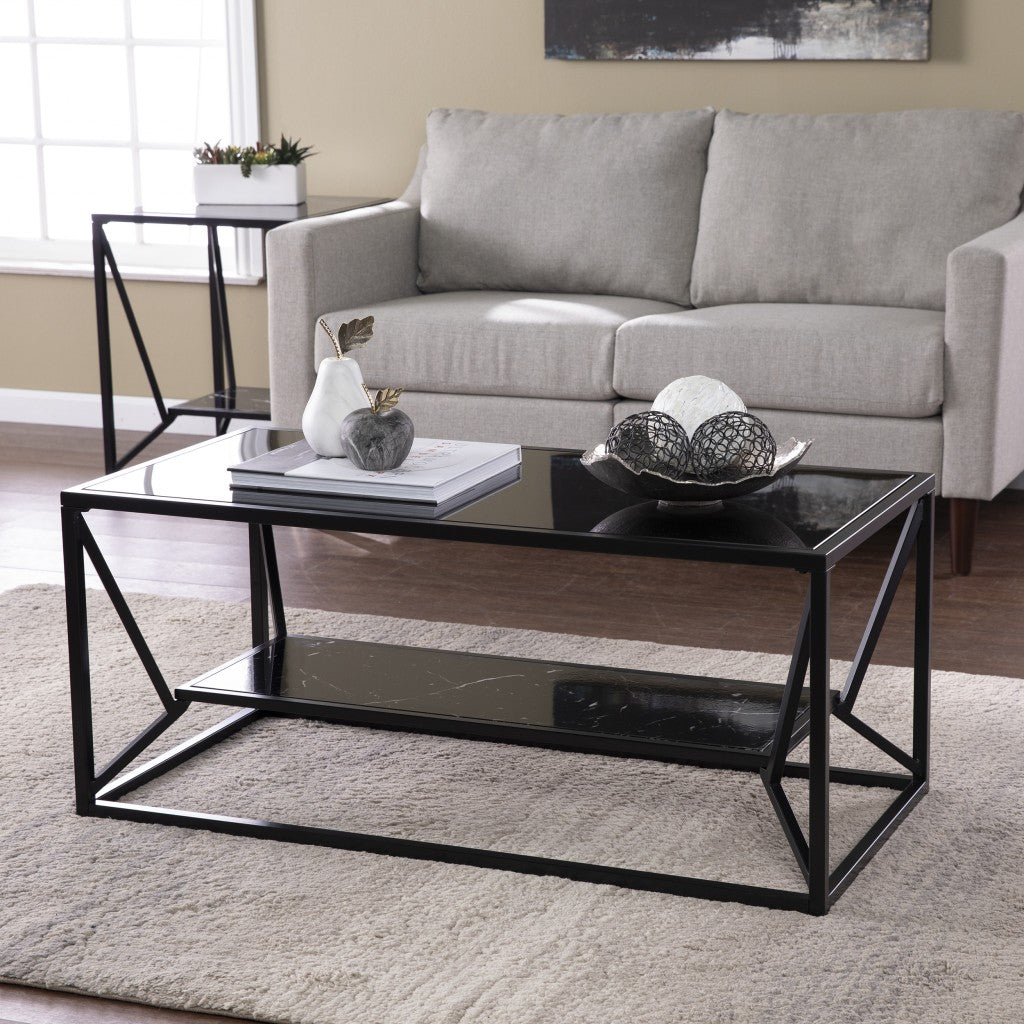 42" Black Glass And Metal Rectangular Coffee Table