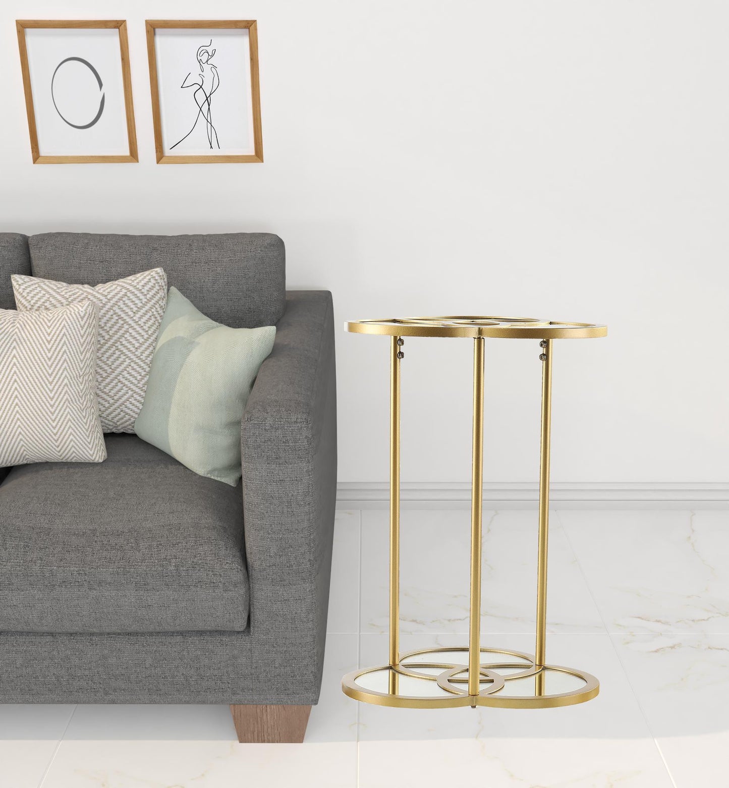 22" Gold Mirrored Glass Three Circle End Table