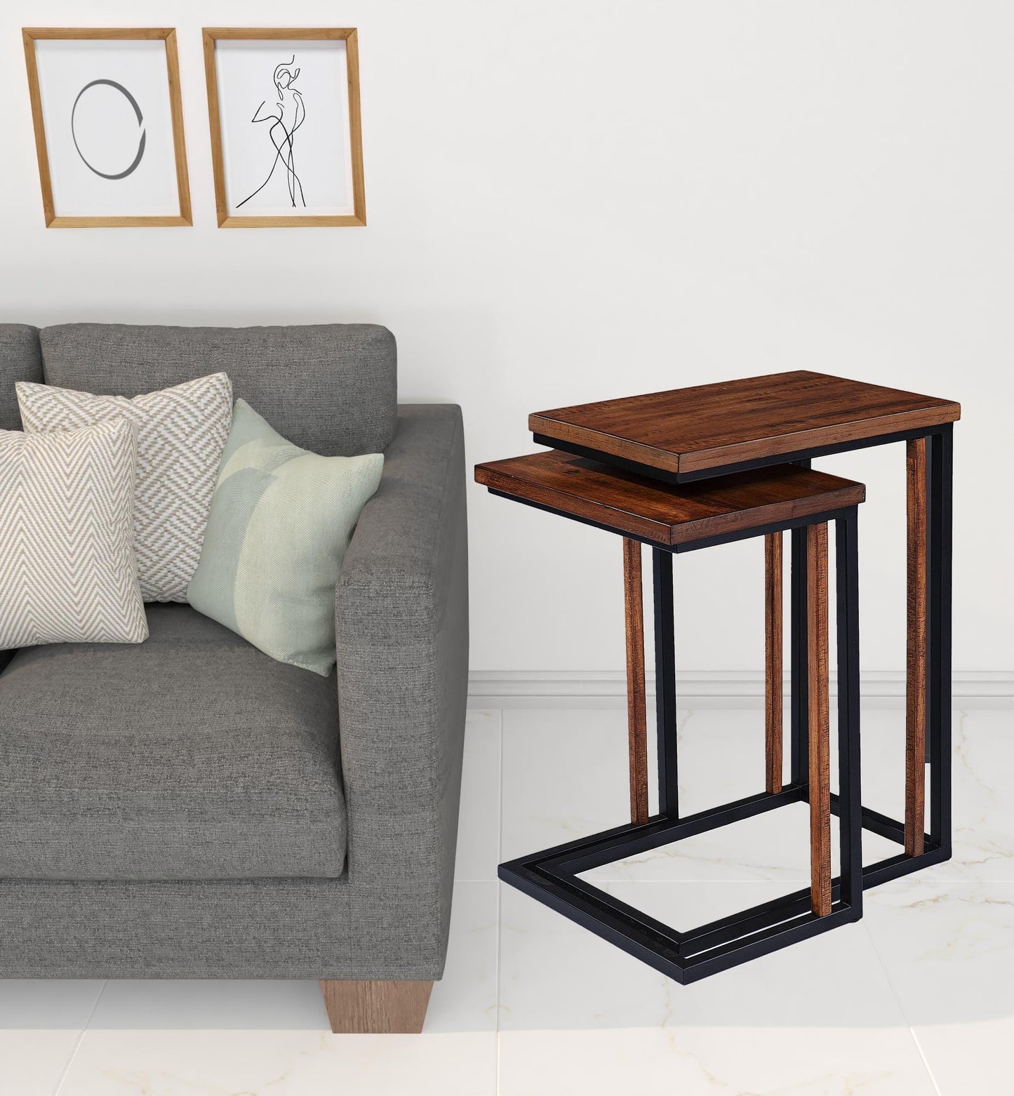 Set Of Two 25" Brown Solid Wood Rectangular Nested End Tables