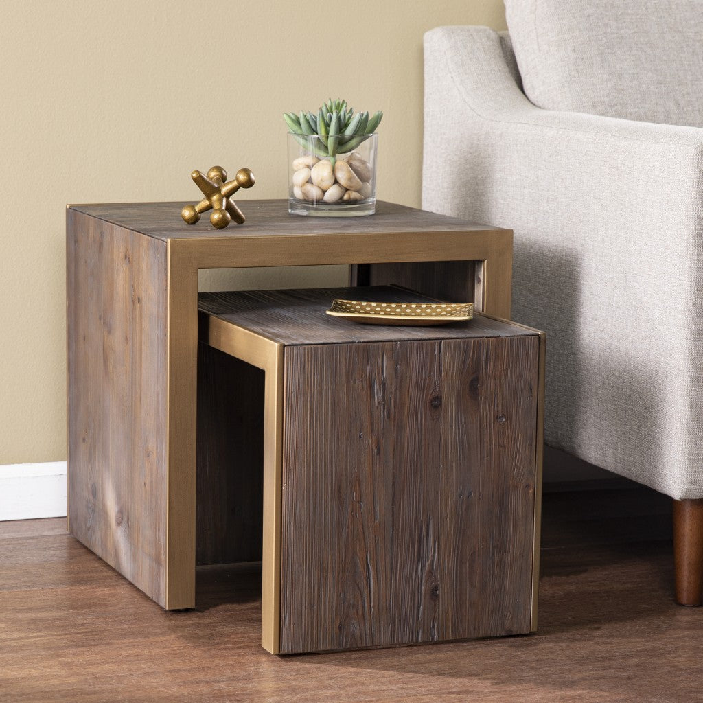 Set Of Two 19" Gray Solid Wood and Gold Chunky Nested End Tables