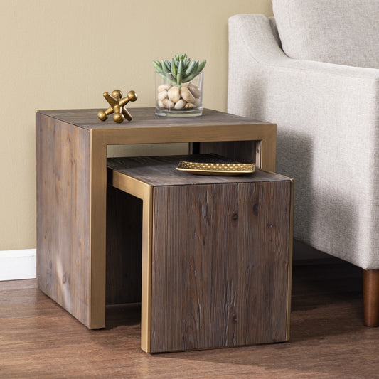 Set Of Two 19" Gray Solid Wood and Gold Chunky Nested End Tables