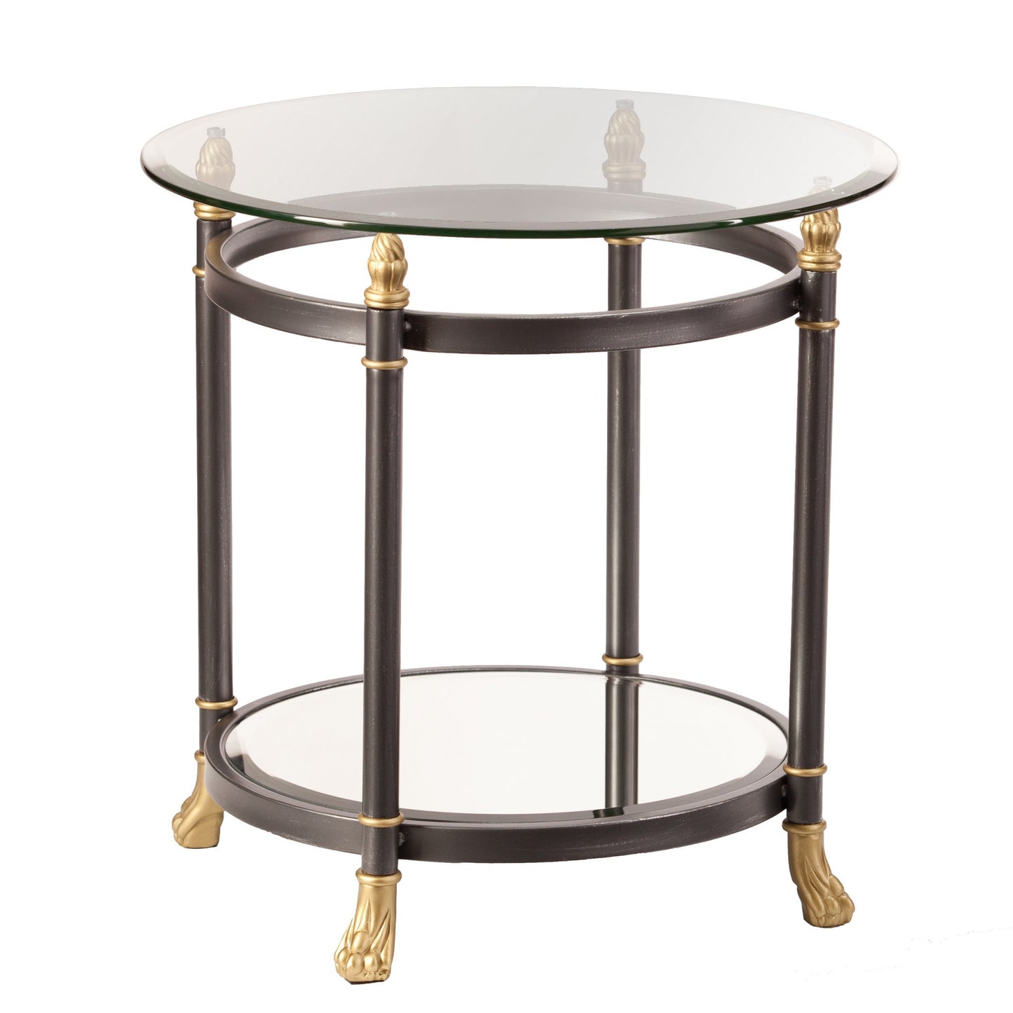 21" Gray Glass And Iron Round Mirrored End Table