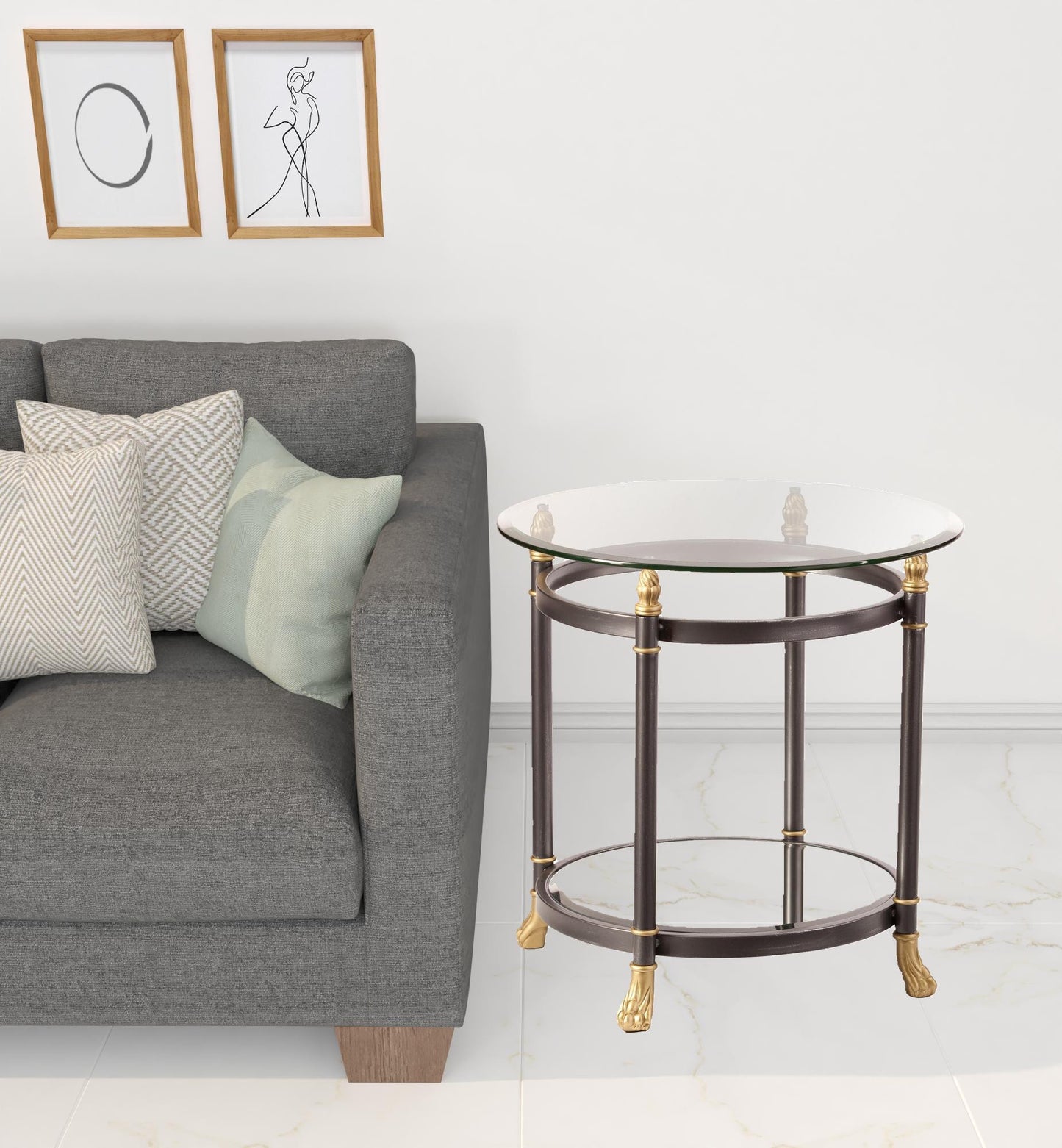 21" Gray Glass And Iron Round Mirrored End Table