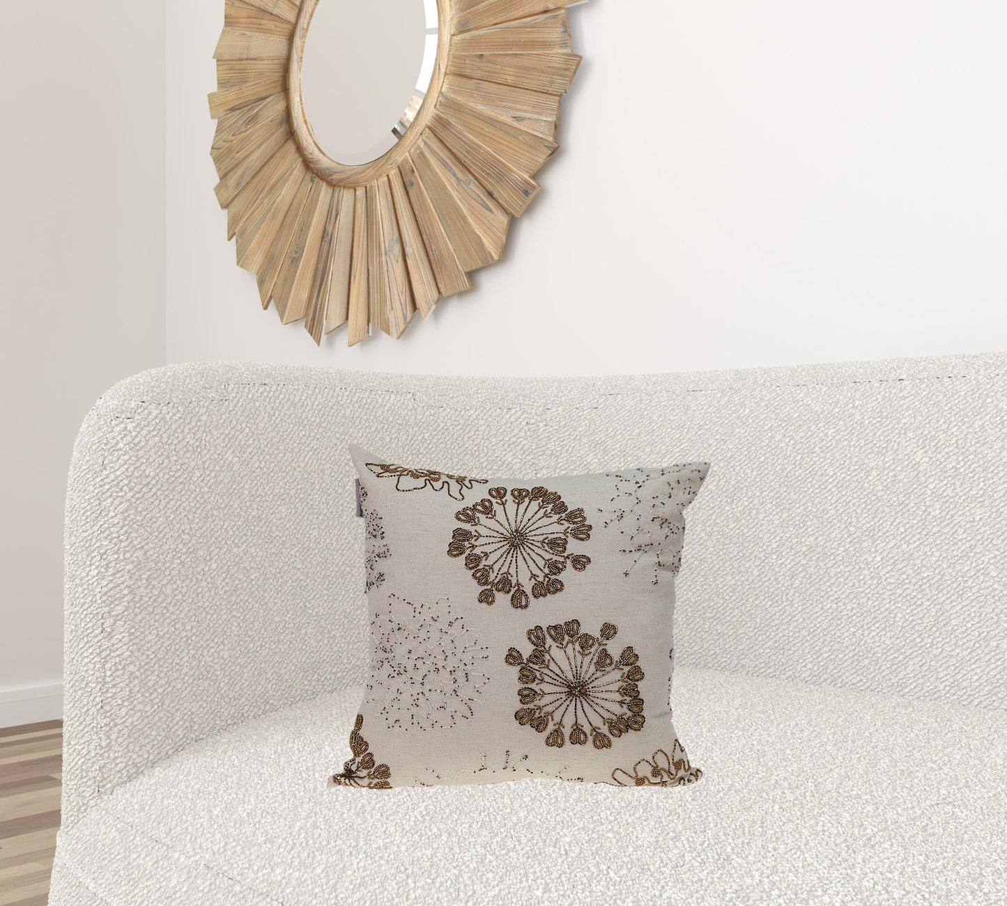 Natural and Golden Metallic Beaded Decorative Throw Pillow