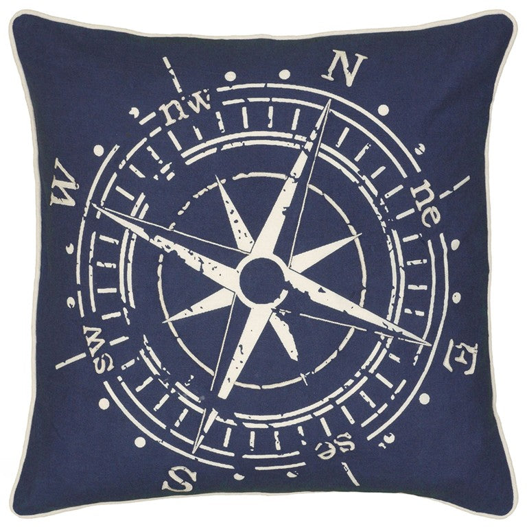 18" X 18" Navy and White Compass Cotton Zippered Pillow