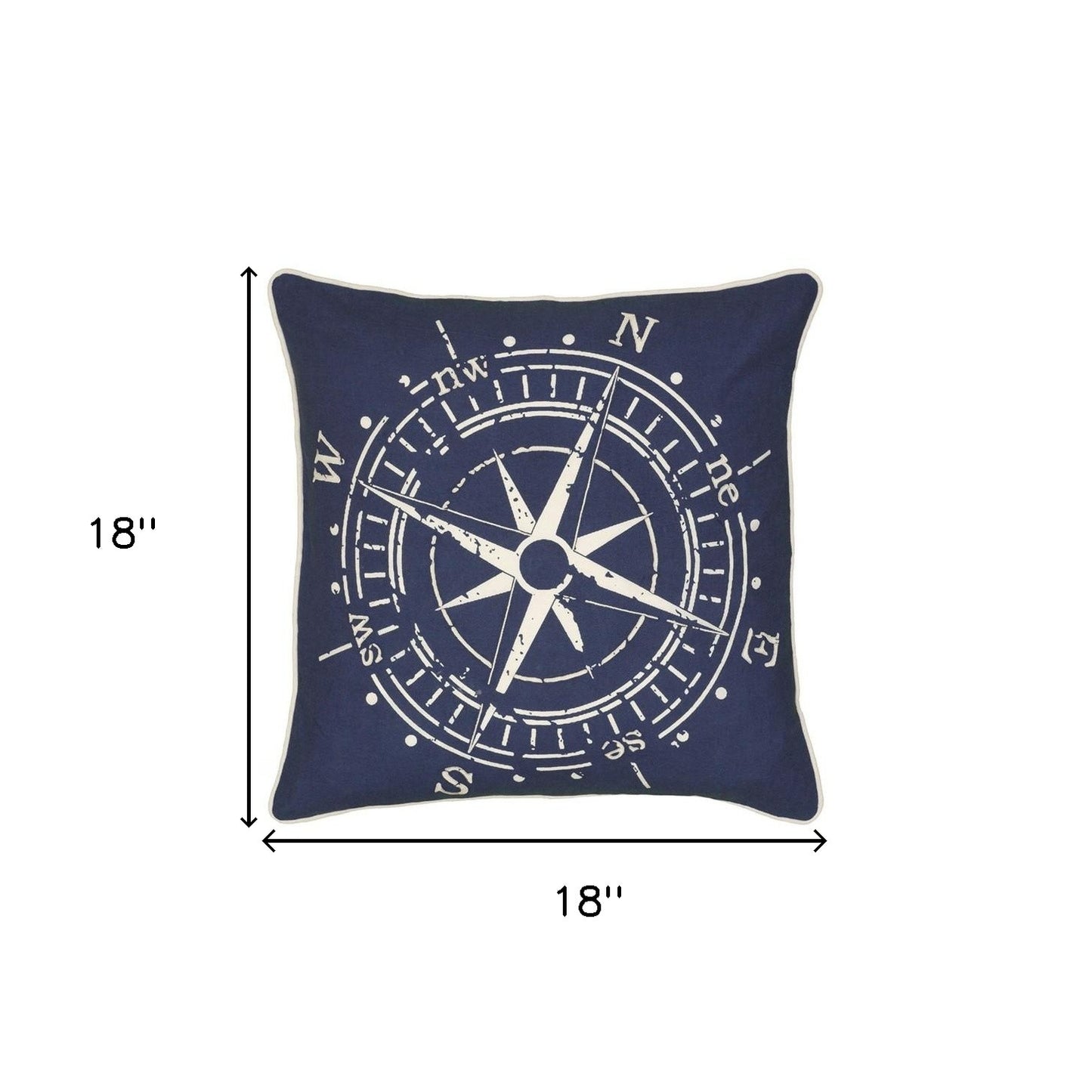 18" X 18" Navy and White Compass Cotton Zippered Pillow