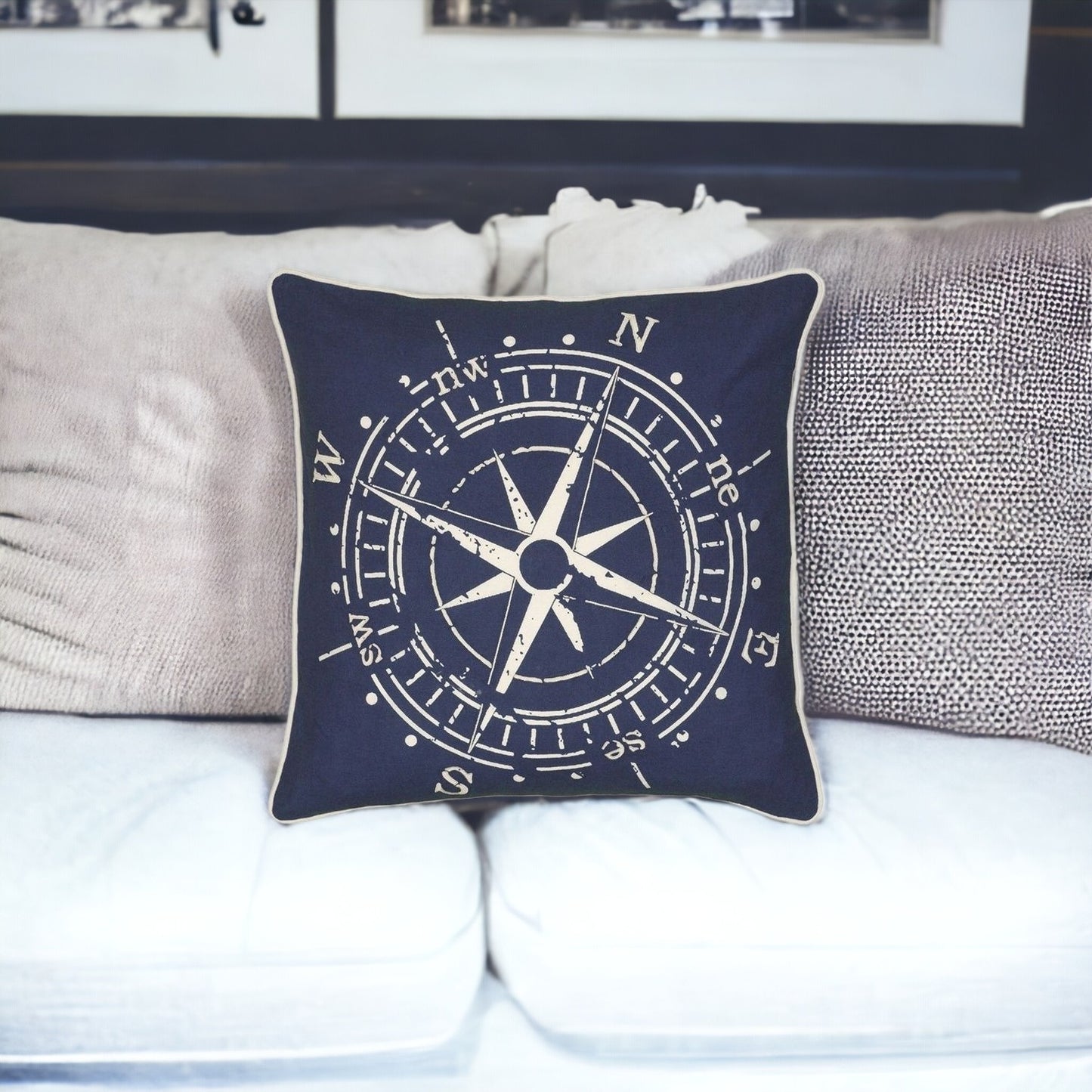 18" X 18" Navy and White Compass Cotton Zippered Pillow