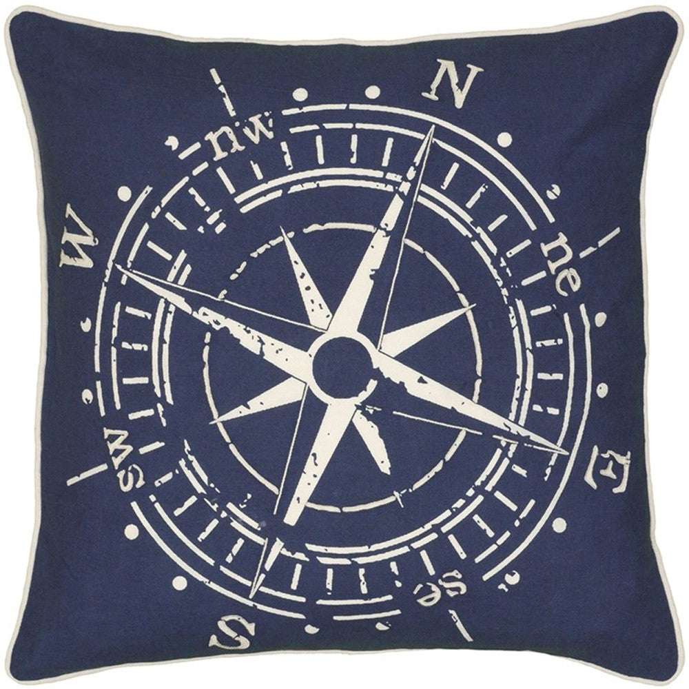 18" X 18" Navy and White Compass Cotton Zippered Pillow