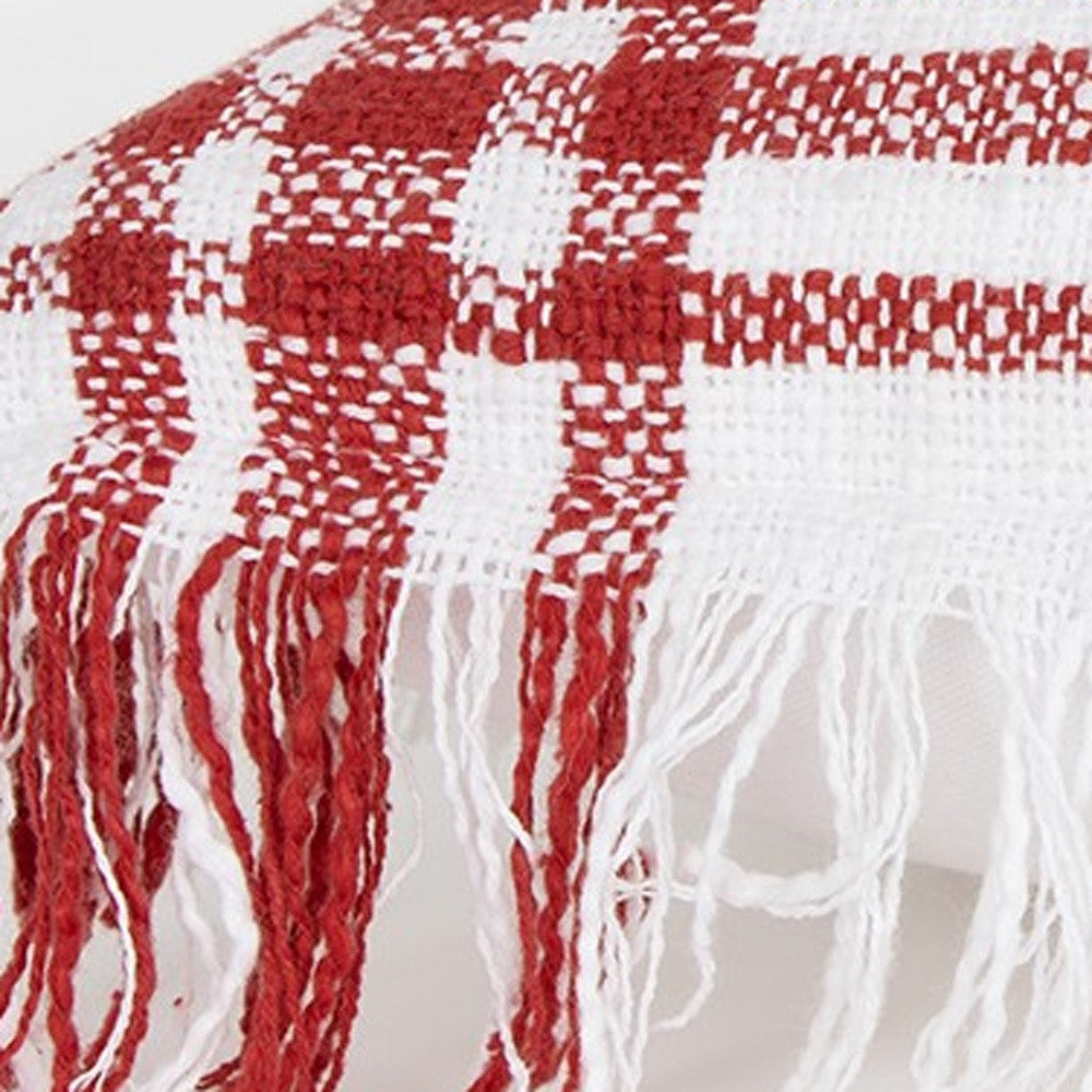 White Red Open Plaid Textured Throw Pillow