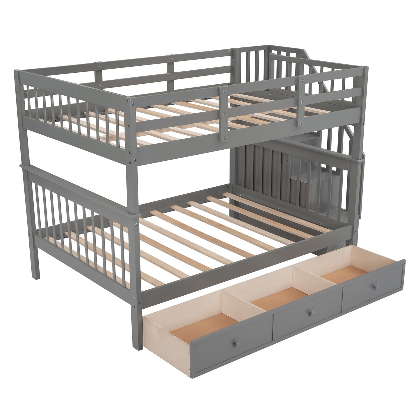 Gray Double Full Size Stairway Bunk Bed With Drawer