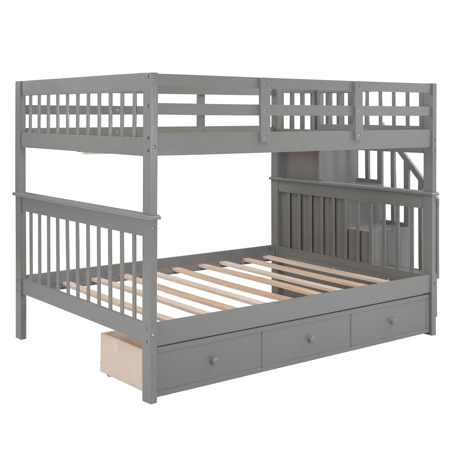 Gray Double Full Size Stairway Bunk Bed With Drawer