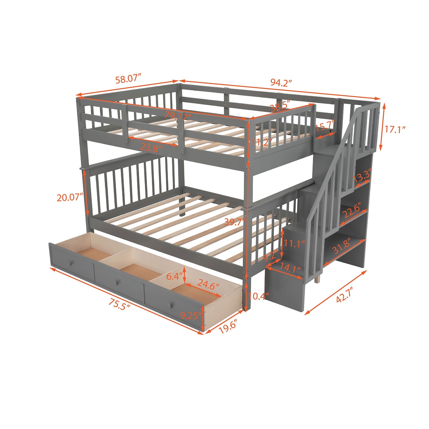 Gray Double Full Size Stairway Bunk Bed With Drawer