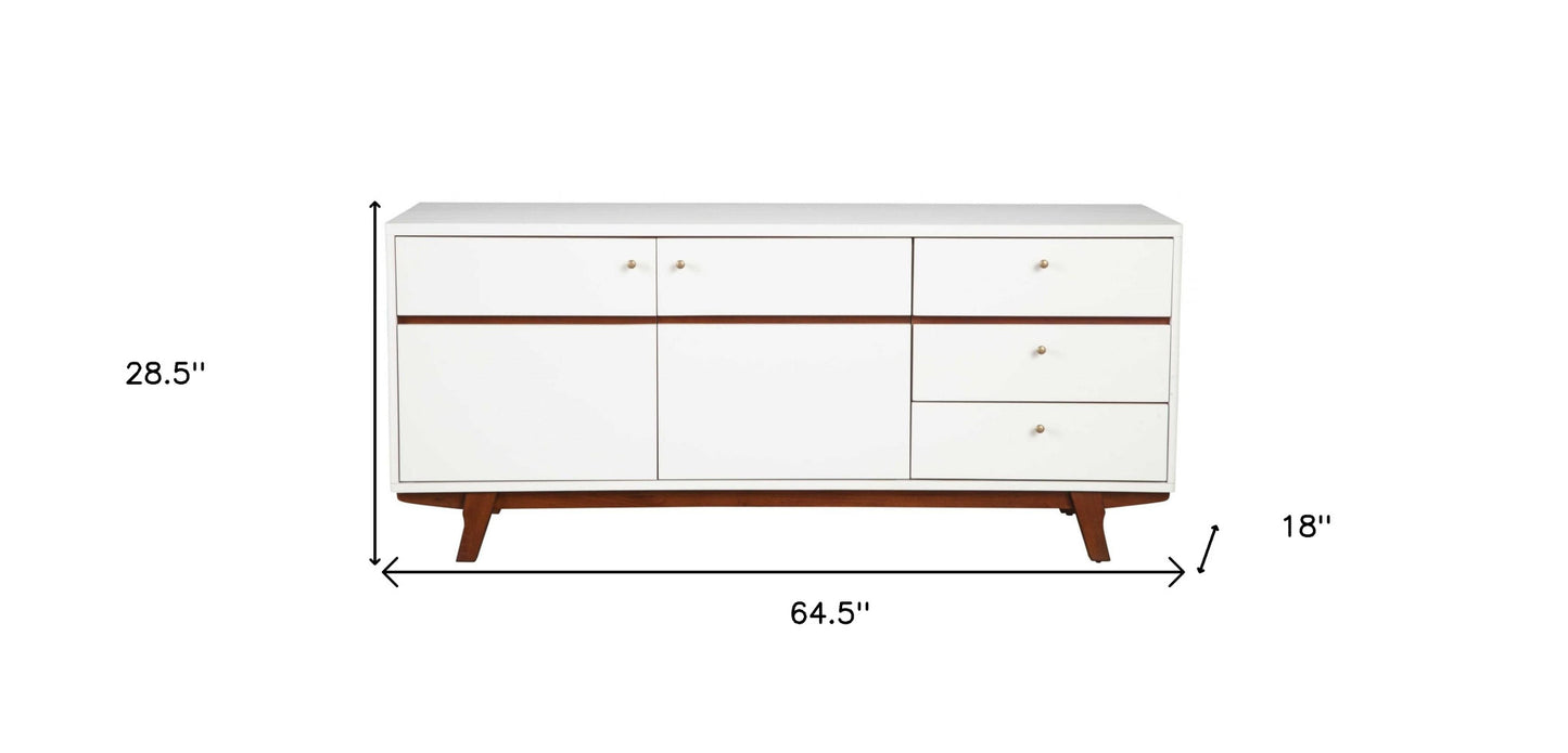 65" White Mahogany Solids And Veneer Cabinet Enclosed Storage TV Stand