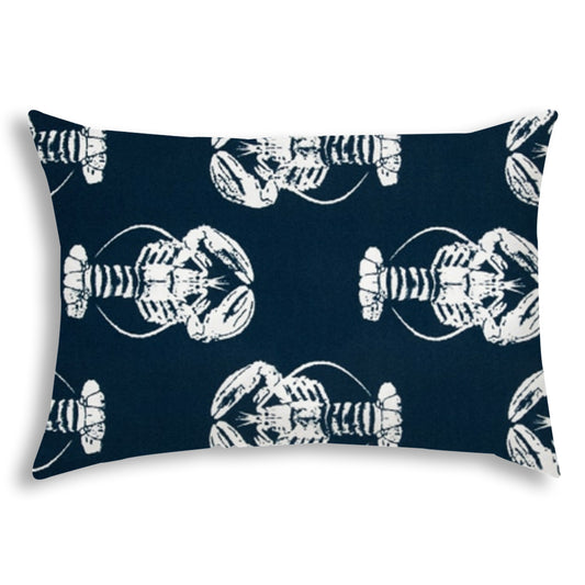 14" X 20" Navy Blue And White Lobster Blown Seam Lumbar Indoor Outdoor Pillow