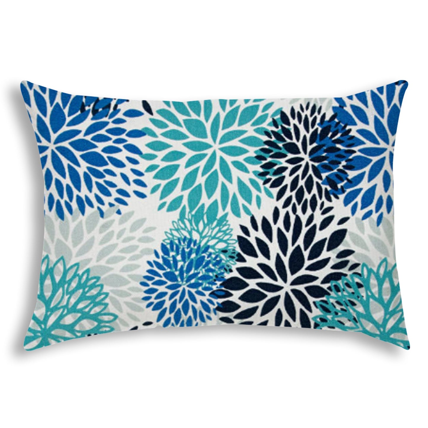 14" X 20" Blue And White Blown Seam Floral Lumbar Indoor Outdoor Pillow