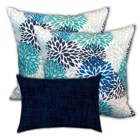Set Of Three 18" X 18" Blue And White Zippered Floral Throw Indoor Outdoor Pillow