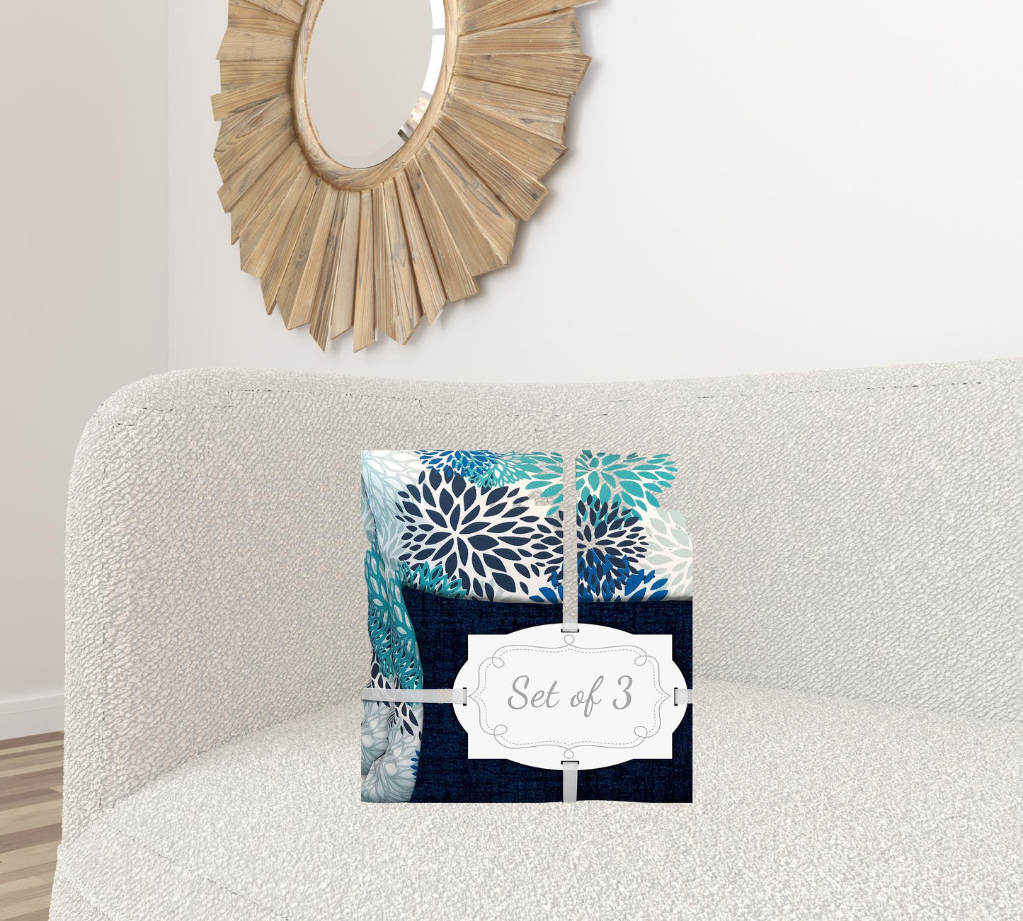 Set Of Three 18" X 18" Blue And White Zippered Floral Throw Indoor Outdoor Pillow