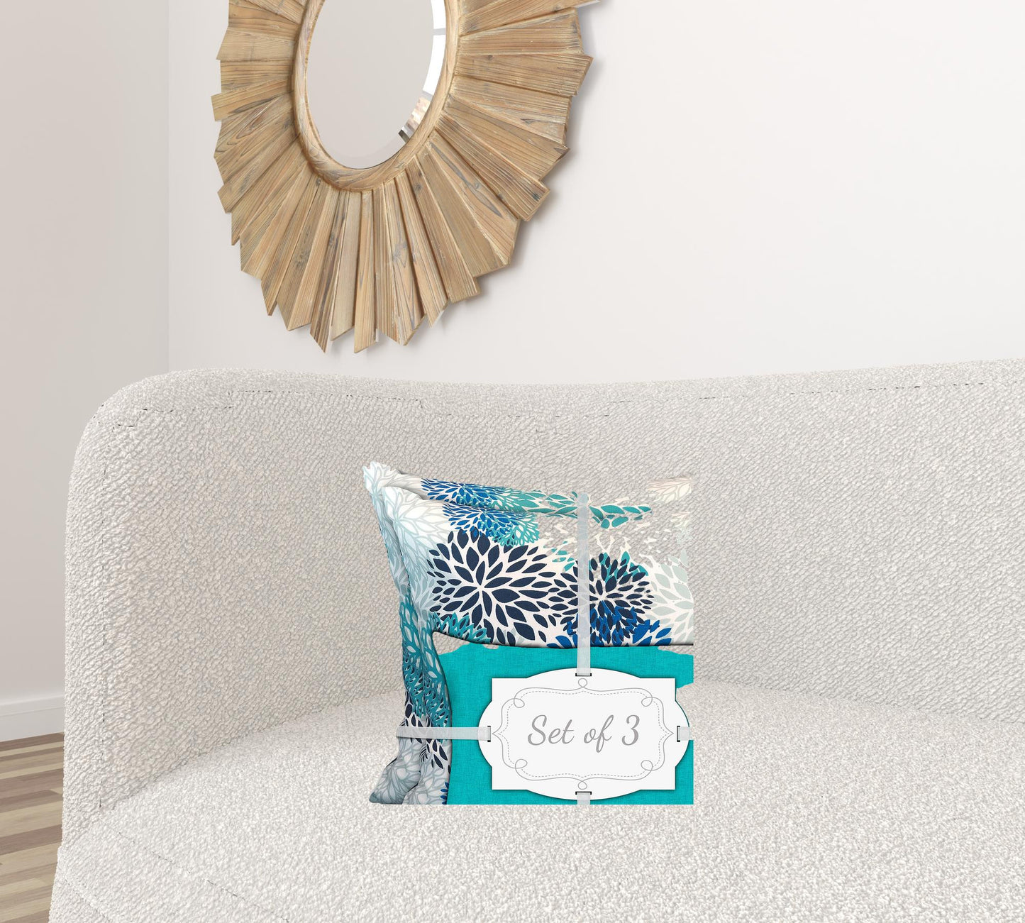 Set Of Three 18" X 18" Blue And White Zippered Floral Throw Indoor Outdoor Pillow