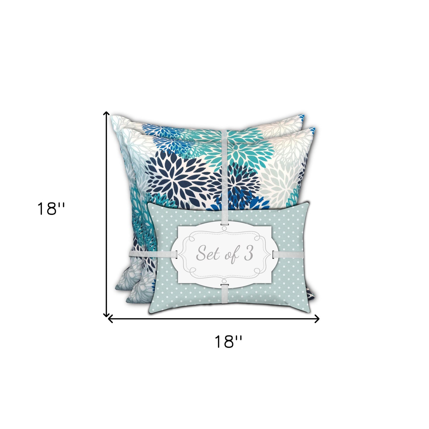 Set Of Three 18" X 18" Blue And White Zippered Floral Throw Indoor Outdoor Pillow