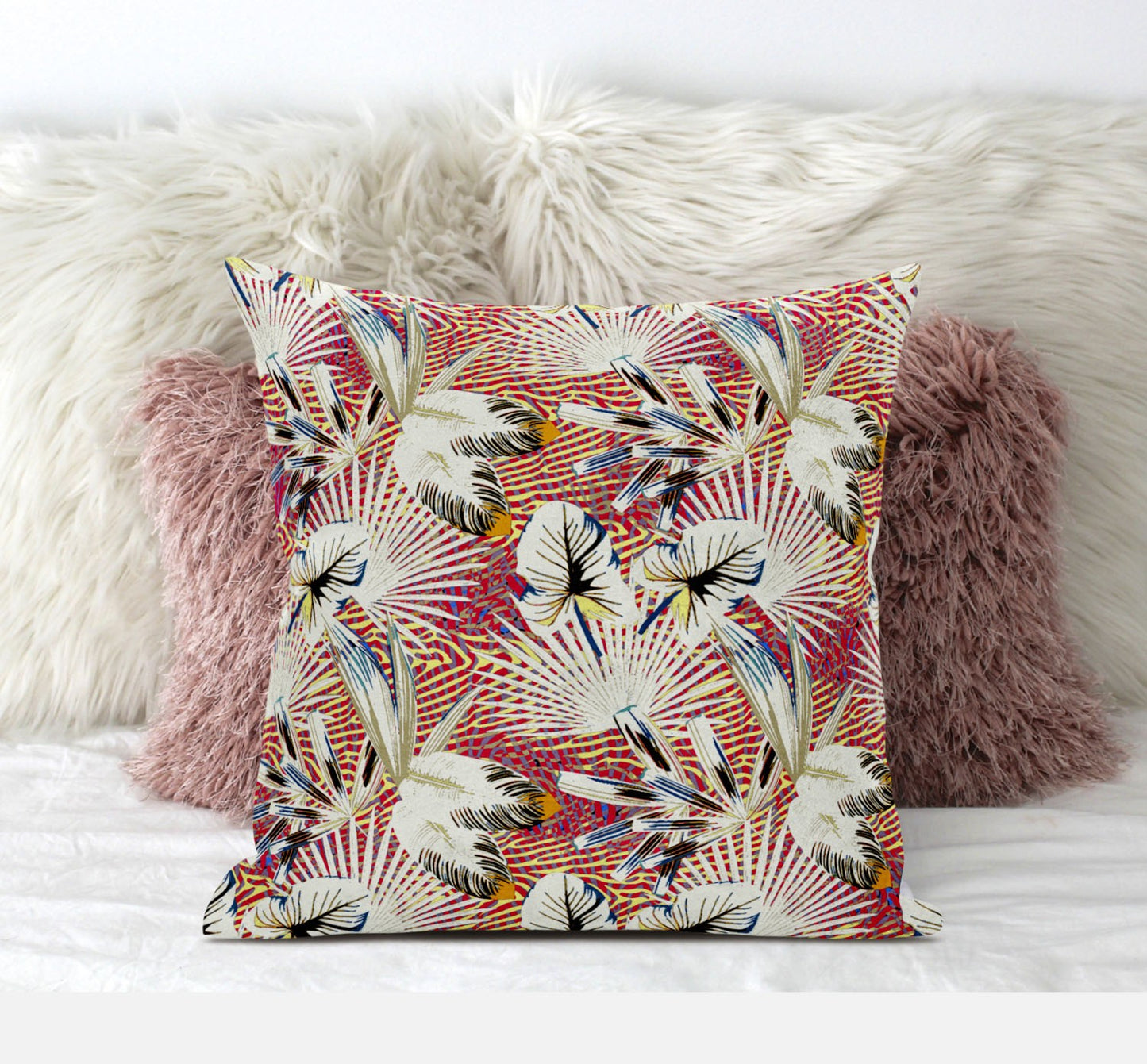 16” White Red Tropical Suede Throw Pillow