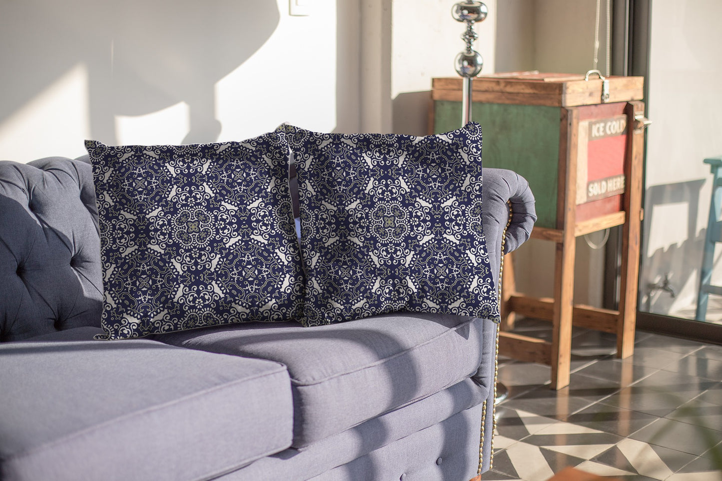 16" Navy Boho Pattern Decorative Suede Throw Pillow