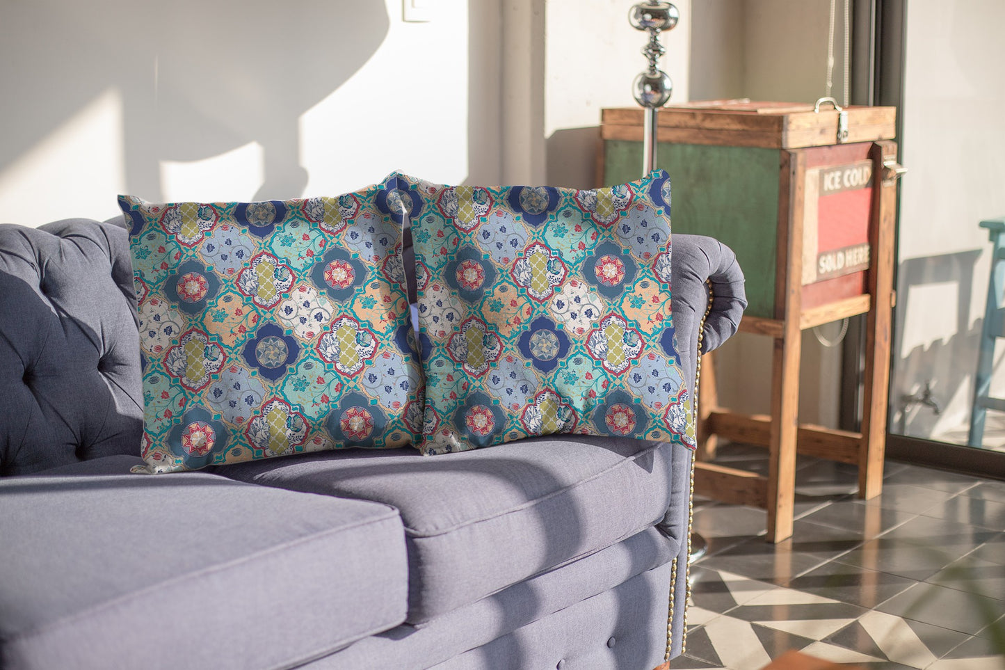 16” Blue Peach Trellis Suede Throw Pillow