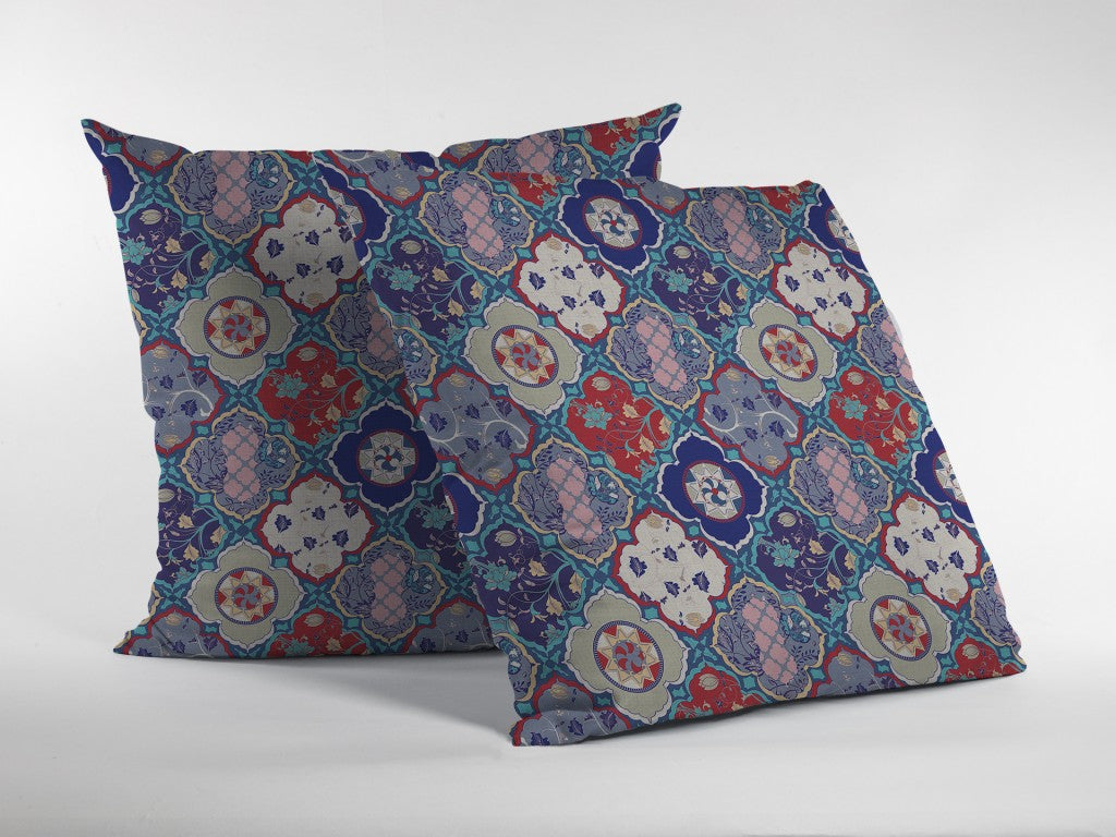 18” Turquoise Cream Trellis Suede Throw Pillow