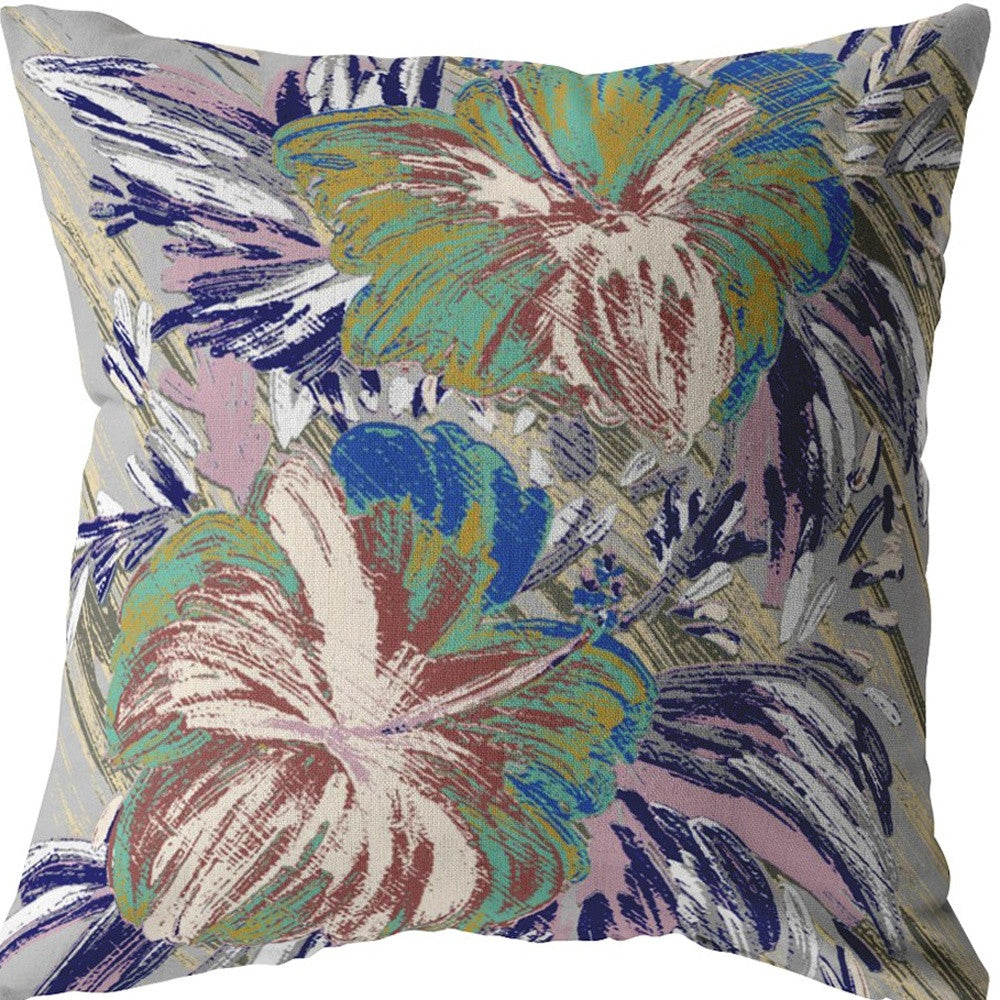 16” Lilac Green Hibiscus Suede Decorative Throw Pillow