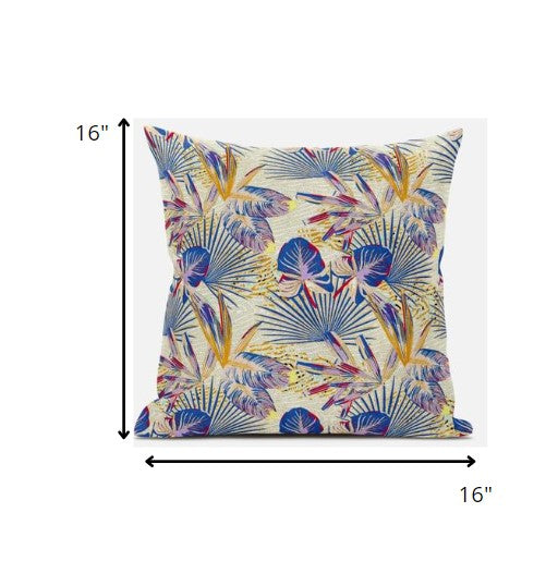 16” Blue Cream Tropical Zippered Suede Throw Pillow