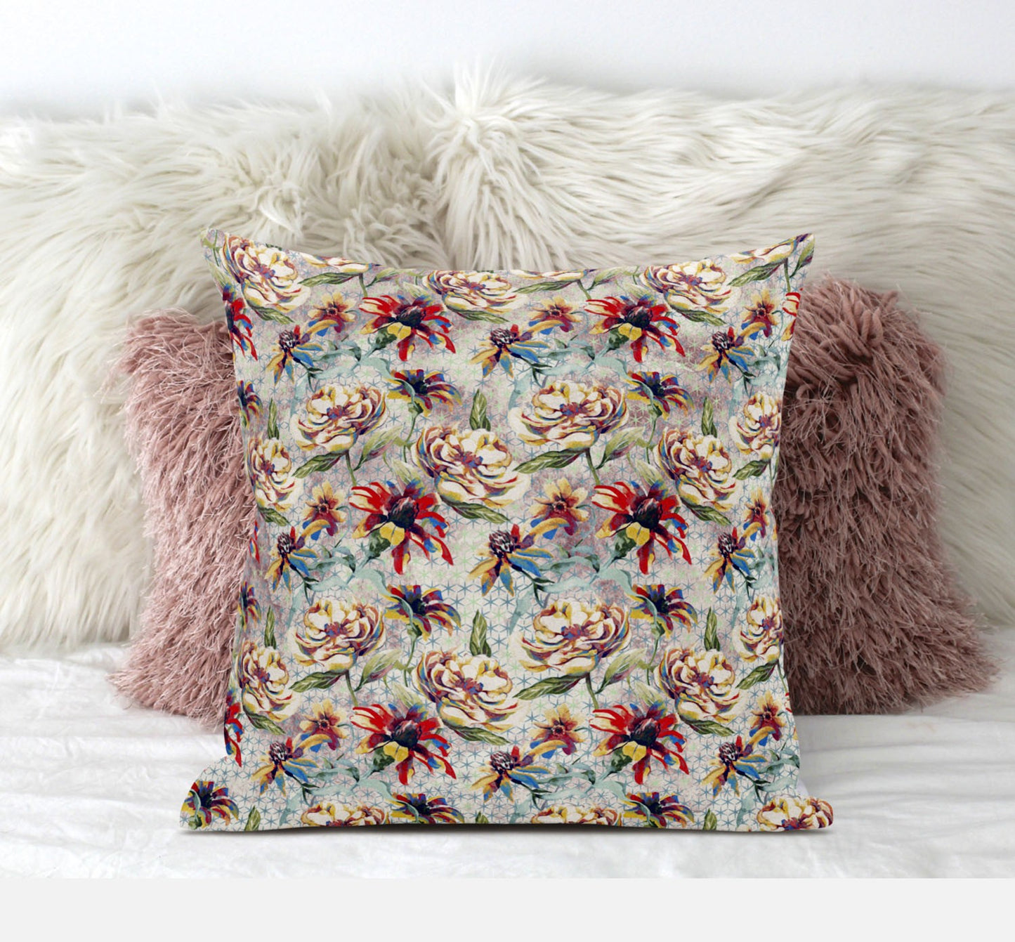18” Red Yellow Roses Zippered Suede Throw Pillow