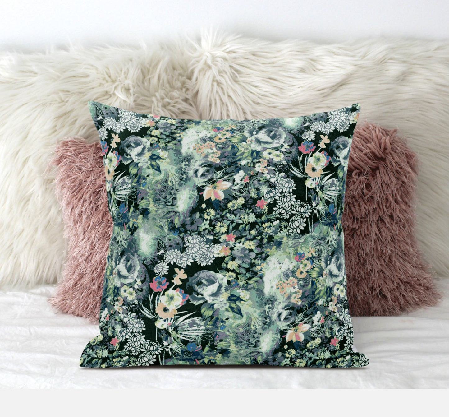 16" Green Black Springtime Zippered Suede Throw Pillow