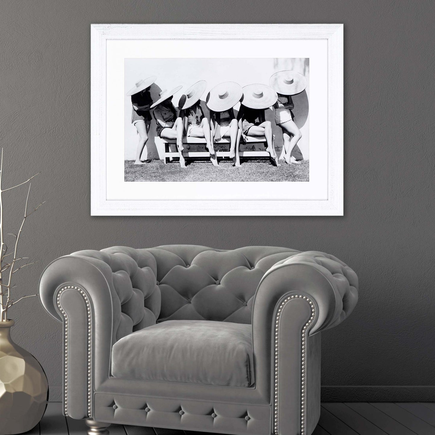 Black and White Vintage Beach Beauties with Hats Framed Print Wall Art