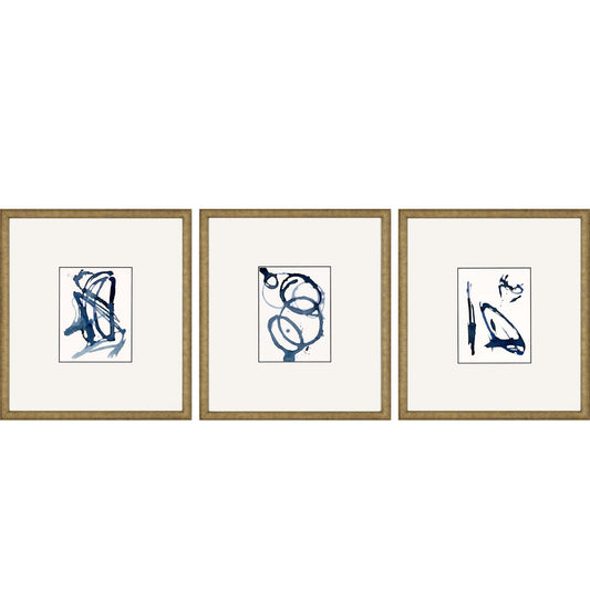 Set Of Three Blue Abstract Gold Frame Print Wall Art