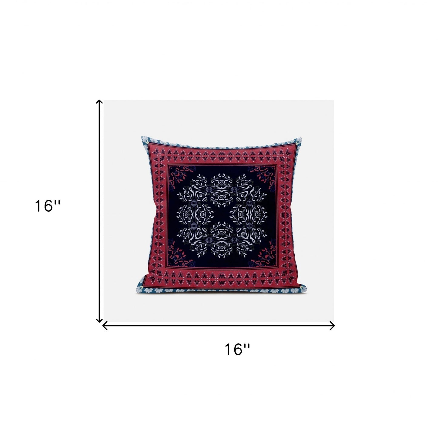 16" X 16" Dark Blue Red Geometric Blown Seam Suede Throw Pillow
