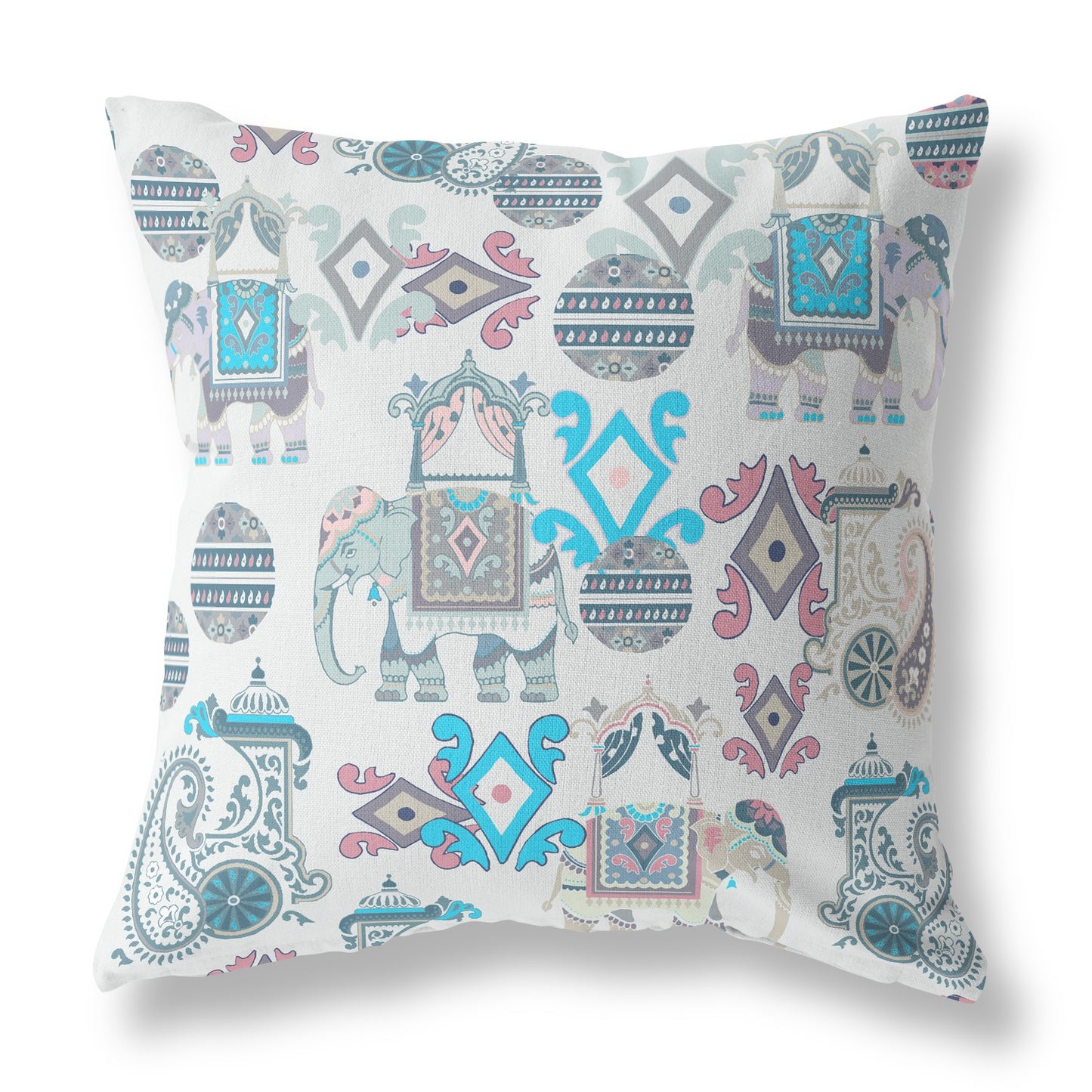 16" X 16" Beige And Blue Paisley Blown Seam Suede Throw Pillow