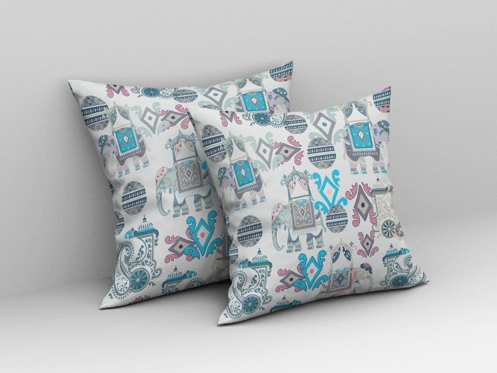 16" X 16" Beige And Blue Paisley Blown Seam Suede Throw Pillow