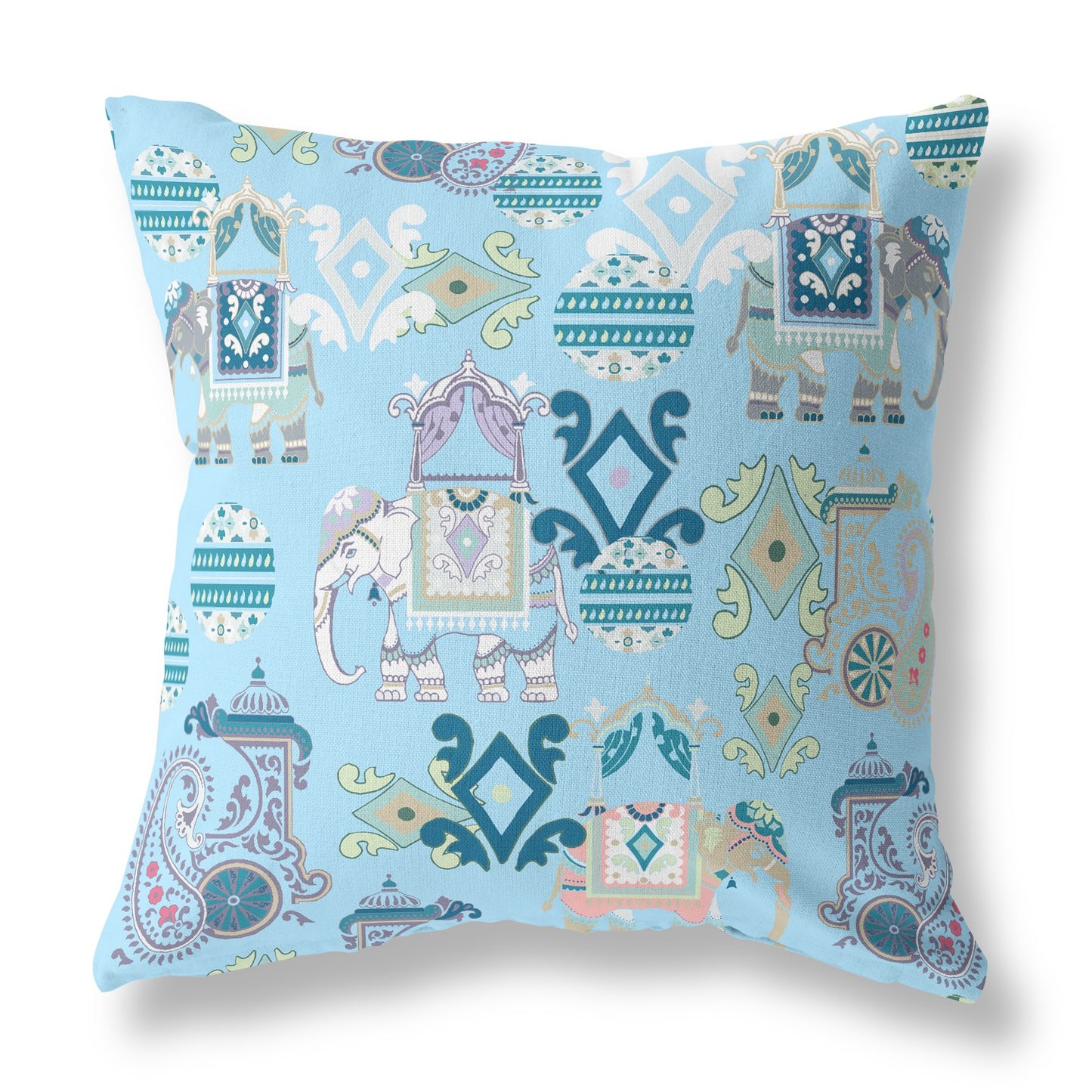 16" X 16" Sky Blue And White Paisley Blown Seam Suede Throw Pillow