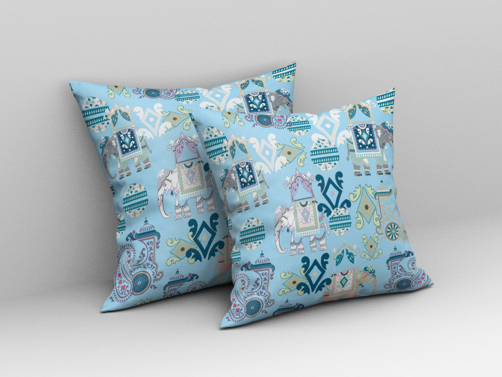 16" X 16" Sky Blue And White Paisley Blown Seam Suede Throw Pillow