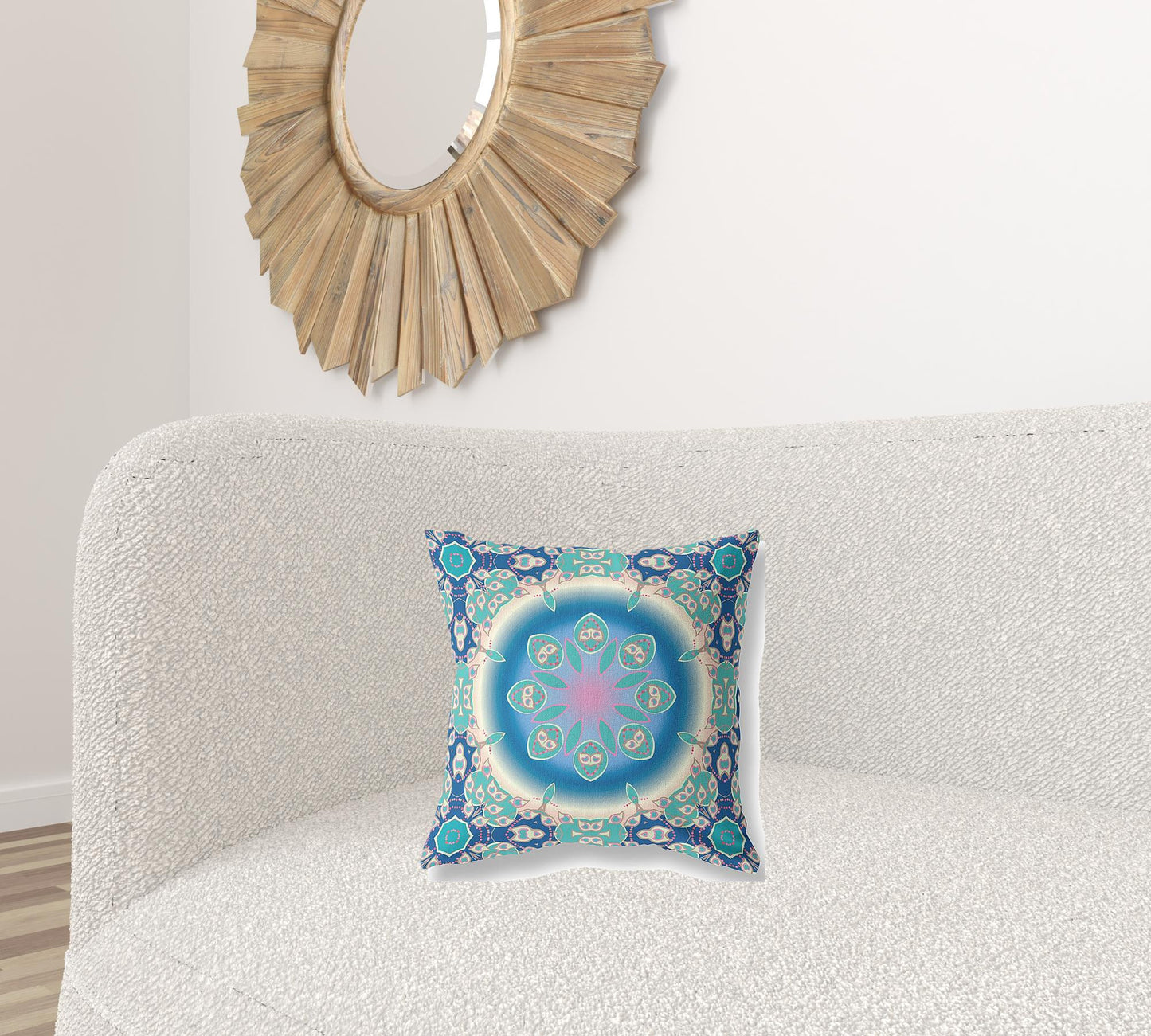 16" X 16" Blue And Turquoise Geometric Blown Seam Suede Throw Pillow