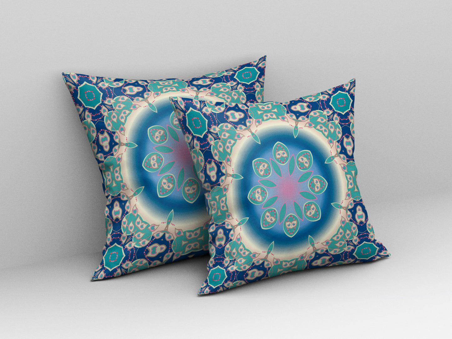 18" X 18" Blue And Turquoise Geometric Blown Seam Suede Throw Pillow