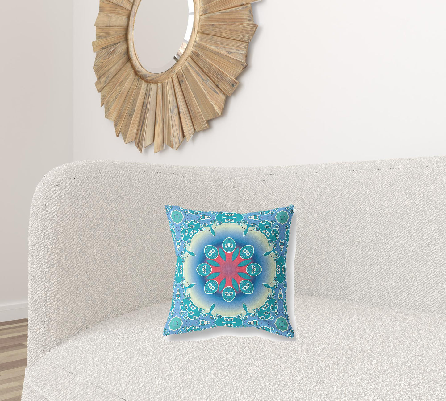 16" X 16" Blue And Red Geometric Blown Seam Suede Throw Pillow