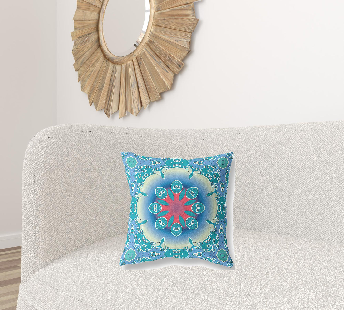 18" X 18" Blue And Red Geometric Blown Seam Suede Throw Pillow