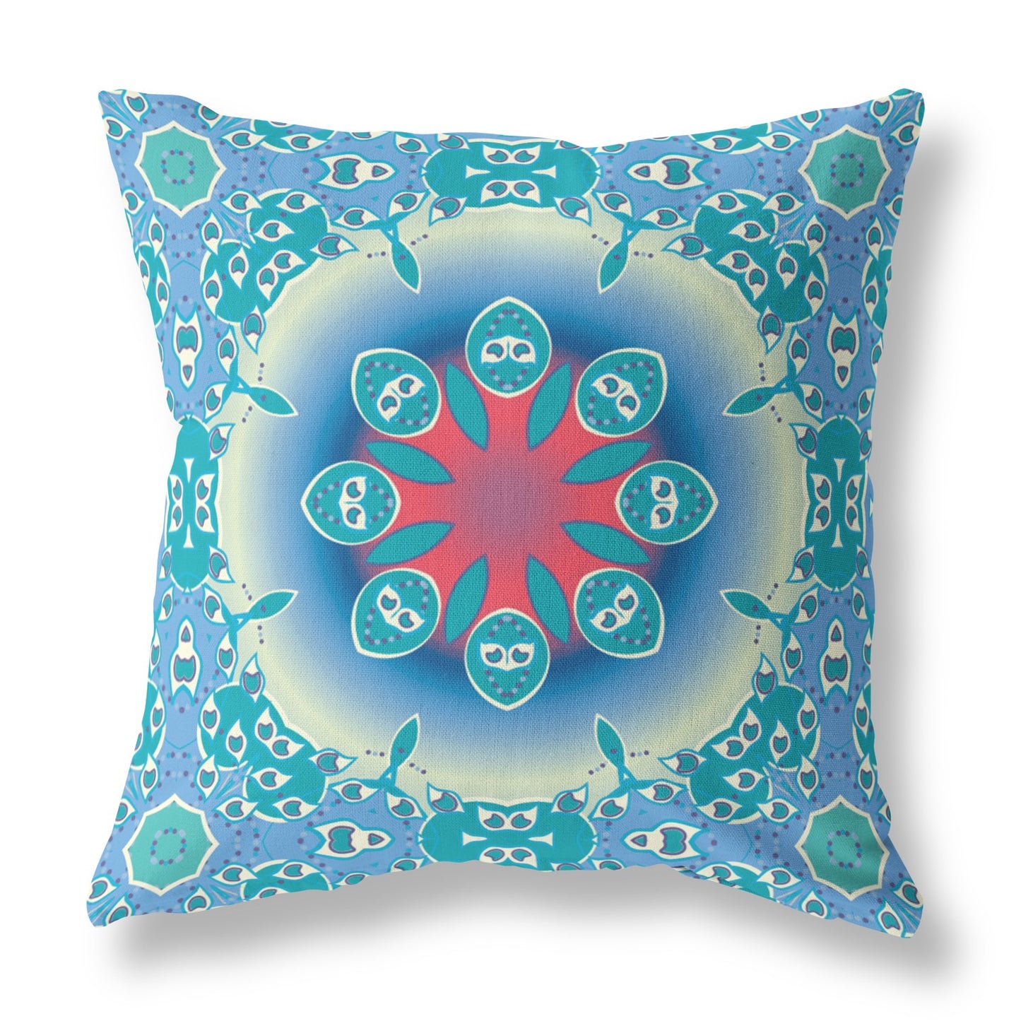 18" X 18" Blue And Red Geometric Blown Seam Suede Throw Pillow